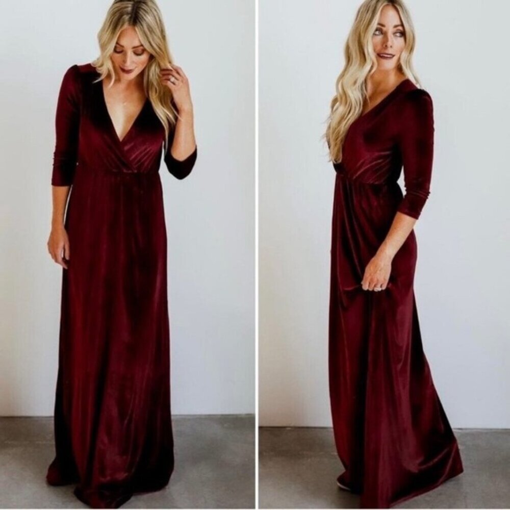 EUC Baltic Born Sofia Velvet Long Sleeve Maxi Dress in Mulberry Burgundy MEDIUM